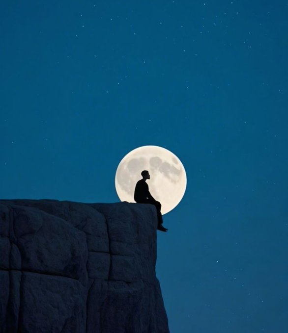 A silhouetted person sits on the edge of a rocky cliff in front of a large full moon beneath a starry blue night sky.