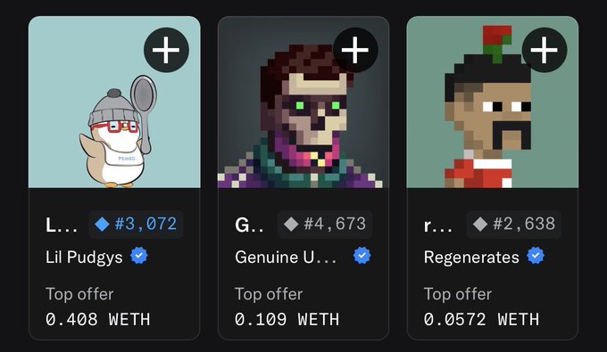 NFT marketplace listings showing three pixel art collectibles: 'Lil Pudgys' (#3,072) with top offer 0.408 WETH, 'Genuine U...' (#4,673) at 0.109 WETH, and 'Regenerates' (#2,638) at 0.0572 WETH.
