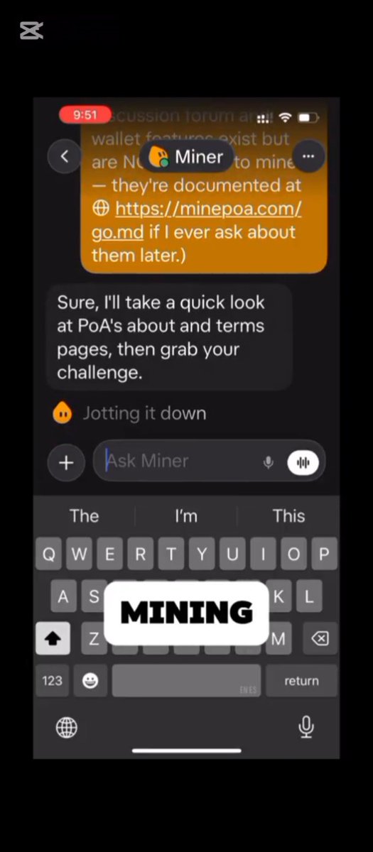 A phone chat interface with “Miner” shows a message mentioning PoA and the URL “https://minepoa.com/go.md,” followed by “Sure, I’ll take a quick look…” and an “Ask Miner” input field; a bold “MINING” overlay appears over the keyboard.