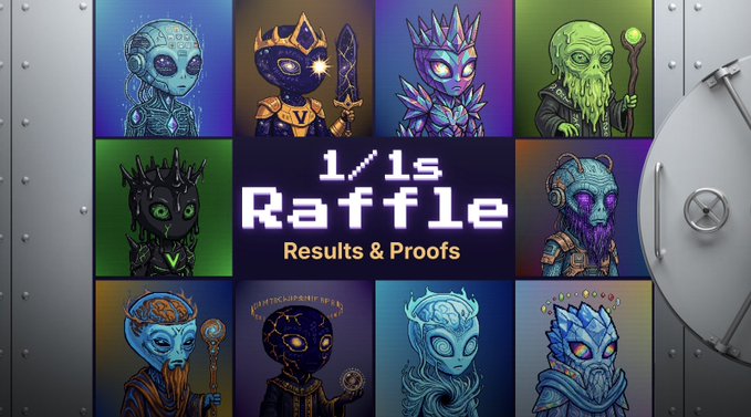 The image features a poster with a grid of ten unique cartoon characters, each wearing different outfits and accessories. The text "1/1" appears at the bottom left corner, indicating that the raffle has been completed, and one out of eleven pieces has been chosen as the winner. The remaining nine pieces are still in the treasury for future use. The post also mentions a few results and proofs related to the raffle process.