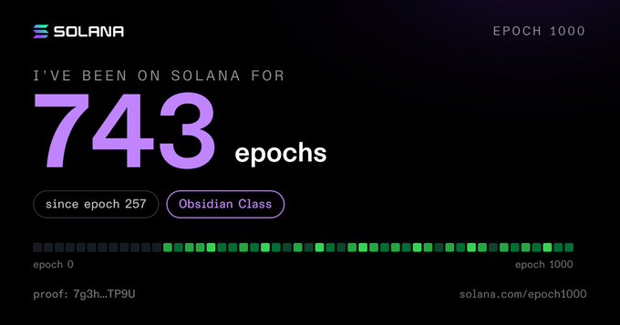 A Solana Epoch 1000 badge showing 'I'VE BEEN ON SOLANA FOR 743 epochs' since epoch 257, classified as Obsidian Class with proof code '7g3h...TP9U'.