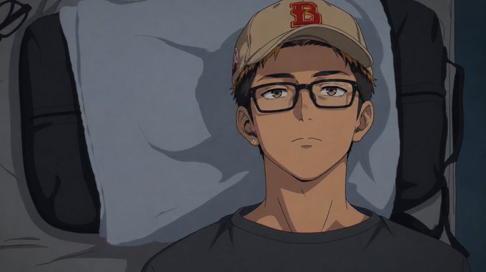 An anime-style illustration shows a young man with brown skin, dark hair, and glasses wearing a tan cap with a red 'B' logo, lying back against a gray pillow.