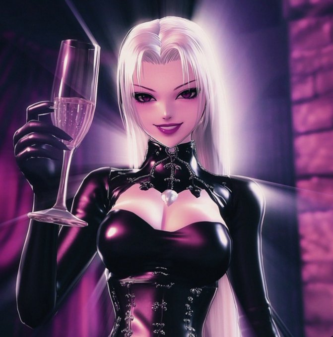 Digital artwork of a pale-haired woman in a black latex outfit holding a champagne glass against a purple-lit background.