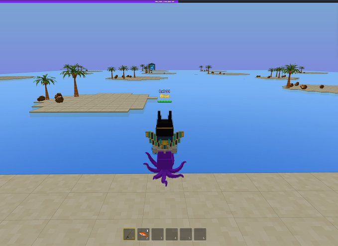 A screenshot from a 3D video game showing a character wearing a purple squid costume standing on a tiled platform overlooking water and small islands with palm trees.
