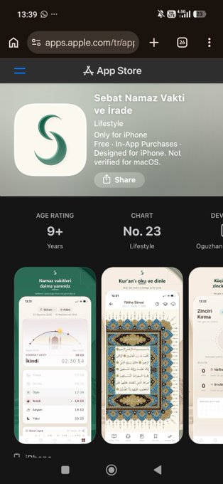 A smartphone screenshot of the App Store showing the listing for 'Sebat Namaz Vakti ve İrade' by Lifestyle, featuring an 'S' logo and ranked #23 in the Lifestyle chart.