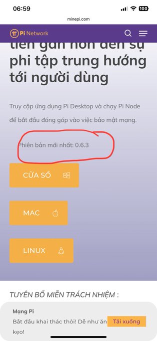 A screenshot of the minepi.com website displayed on a mobile browser, showing the Pi Network download page with "Phiên bản mới nhất: 0.6.3" (Latest version: 0.6.3) circled in red, featuring download buttons for Windows, Mac, and Linux platforms, which directly illustrates the announcement of the new Pi Node version 0.6.3 update.