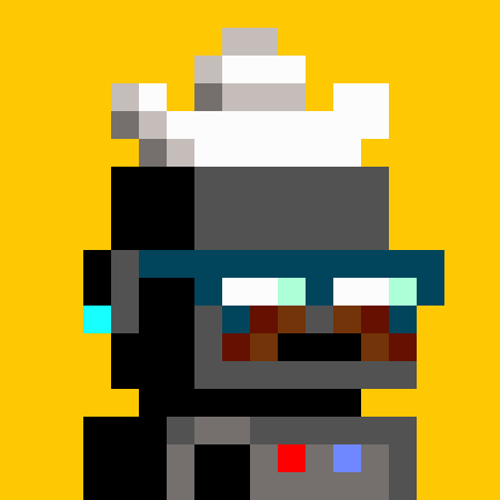 A pixel art character with a white helmet, cyan visor, and red and blue details set against a bright yellow background.