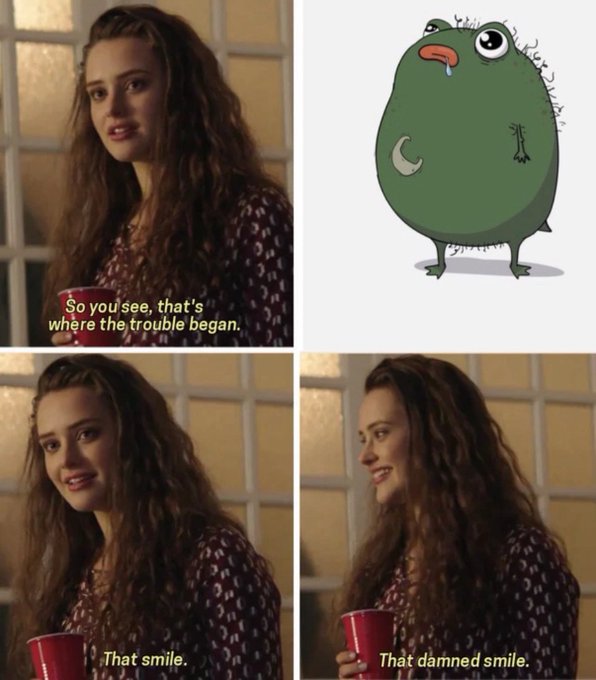 The image is a meme using screenshots of a woman saying "So you see, that's where the trouble began," followed by "That smile," and "That damned smile," paired with a cartoon of a green, hairy, one-eyed monster with drool. The accompanying "$Pistacio" post cleverly references the pistachio-like green creature as the "trouble" caused by her "damned smile."
