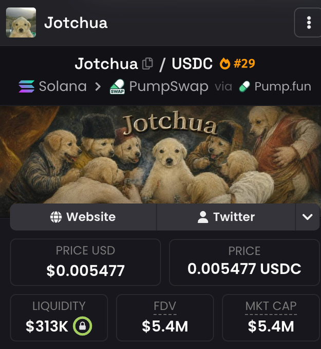 The image features a screen that displays the game "JOTCHUA LURE THE enemy into a trap" with an advertisement for Jotchua in the corner. The caption on the post indicates that $jotchua is an animal runner game, and it shows a screenshot of a player's progress bar with the text "$31,350K". The post also includes details about trading on the cryptocurrency market for Jotchua, including the price and currency involved.