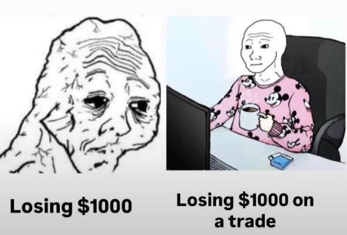 The image is a two-panel meme contrasting reactions to losing $1,000: the left shows a distressed, crying "Wojak" face captioned "Losing $1000," while the right shows the same Wojak calmly sipping coffee at a computer, captioned "Losing $1000 on a trade." The meme humorously highlights the desensitization traders (or "crypto bros") develop to financial losses, turning what should be emotional distress into a casual, unbothered reaction—ironically illustrating the post's point about trader mentality.