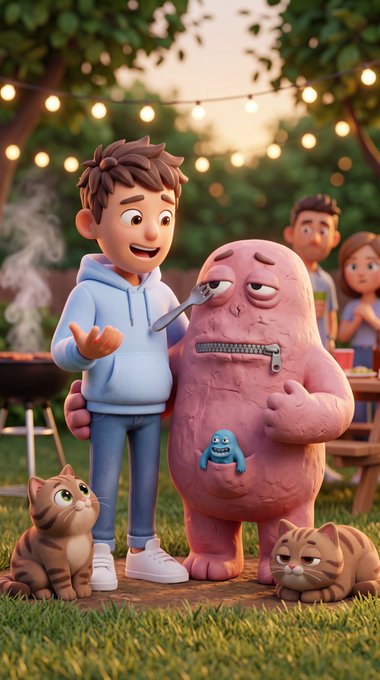 A 3D animated scene shows a smiling boy standing next to a pink blob-like creature holding a spoon, with two cats and other people visible at an outdoor gathering.