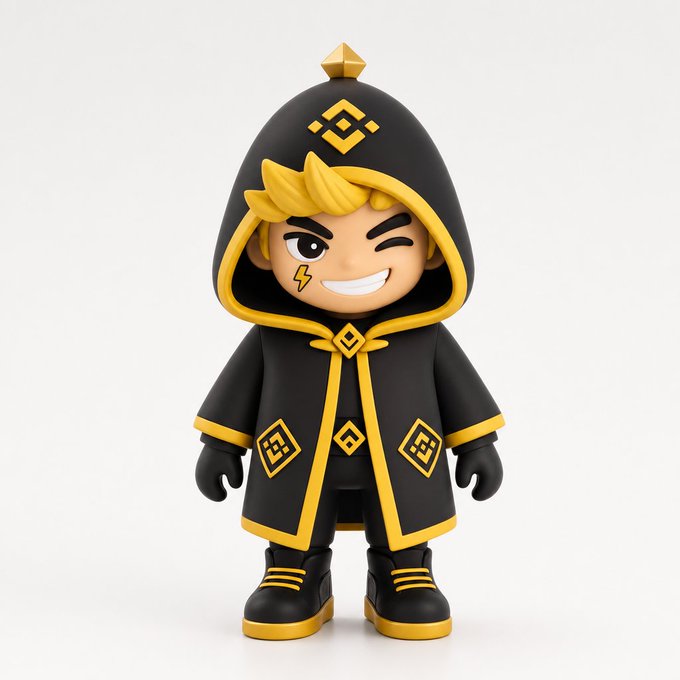 The image features a figurine of a boy wearing a black hooded coat with yellow accents, standing against a white background. The figurine has a unique design that includes a crown-like headpiece and a lightning bolt symbol on its face. The caption below the image reads "捏了一个  @binancezh 自我感觉还挺帅的哈哈哈 用xbubble做的", which suggests that this figurine is a creative and artistic representation of the boy.