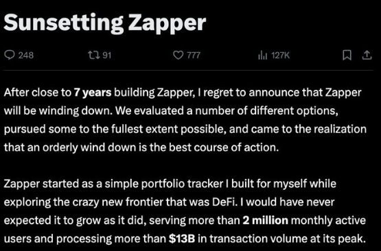 A tweet titled 'Sunsetting Zapper' announcing the DeFi portfolio tracker is winding down after 7 years, having served 2 million monthly users and processed $13B in transaction volume.