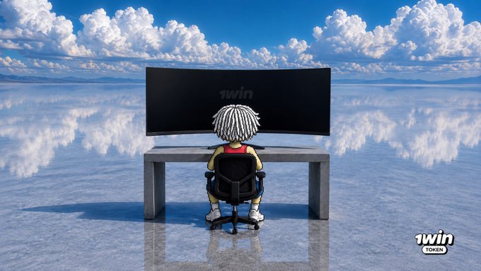 A small cartoon character with dreadlocks sits at a desk in front of a large monitor displaying the "1win" logo, positioned on a reflective surface with a cloudy sky background and a "1win TOKEN" logo in the bottom right corner, visually representing a user engaging with the 1win gaming ecosystem mentioned in the post.