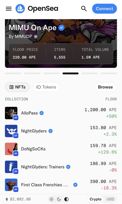 Screenshot of an OpenSea NFT marketplace page for 'MIMU On Ape' by MIMUDP, showing a floor price of 220.00 APE, 5,555 items, and a total volume of 1.5M APE.