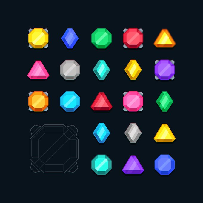 A grid of colorful, cartoon-style gemstones on a dark background, with one gem slot in the bottom left shown as an empty wireframe outline.