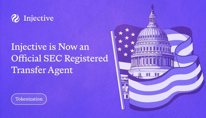 Promotional graphic for Injective announcing it is 'Now an Official SEC Registered Transfer Agent', featuring an illustrated US Capitol building with an American flag.
