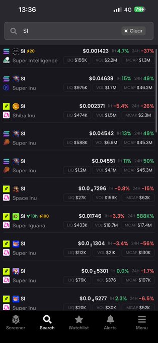 A mobile cryptocurrency tracking app displays various listings under a 'Si' filter, including 'Super Intelligence', 'Shiba Inu', and 'Super Inu' with their respective prices and market caps.