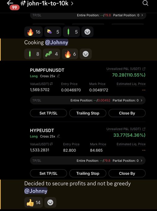 A trading channel "#john-1k-to-10k" showcases two open positions: PUMPFUNUSDT (Long) with an unrealized P&L of +$70.28 (110.55%) and HYPEUSDT (Long) up +$33.77 (54.36%), supporting the "$1k to $10k challenge" update.