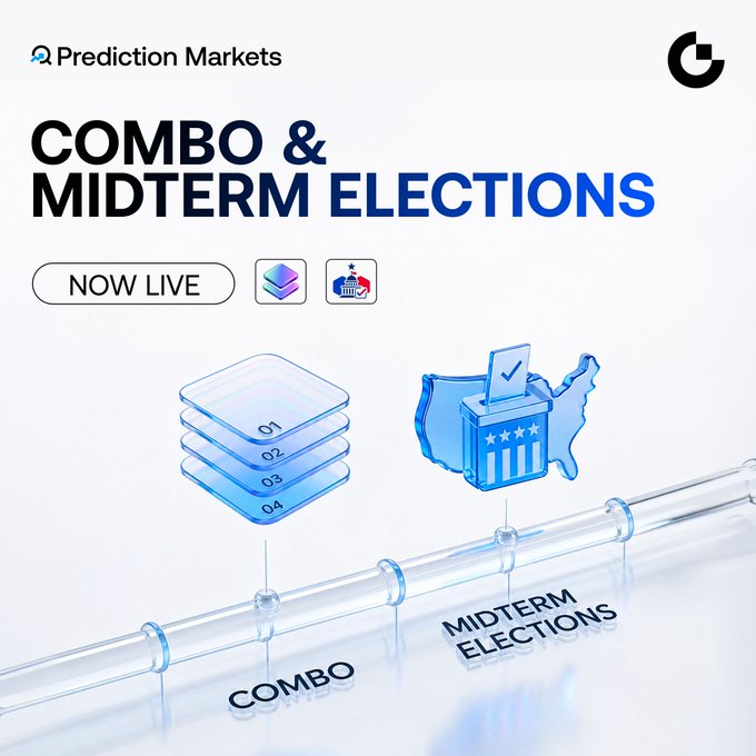 A "COMBO & MIDTERM ELECTIONS" prediction market announcement, marked "NOW LIVE," showcases the Crypto.com logo alongside stacked Combo market layers (01-04) and a US map with a voting ballot for Midterm Elections. The image visually reinforces the post's message by illustrating how users can combine multiple markets or focus on US Senate, House, and Governor races for dynamic odds.