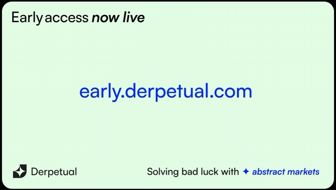 The image is a light-green announcement card for Derpetual displaying "Early access now live" in the top left and "early.derpetual.com" in large blue text at the center, with the Derpetual logo and tagline "Solving bad luck with abstract markets" along the bottom. It serves as a promotional graphic for the platform's newly launched early-access program referenced in the tweet, directing users to sign up via the displayed URL.