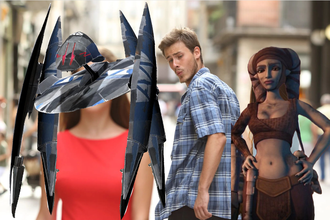 An edited meme image showing the 'distracted boyfriend' meme with a Halo drone and a Star Wars character looking at a woman in red.