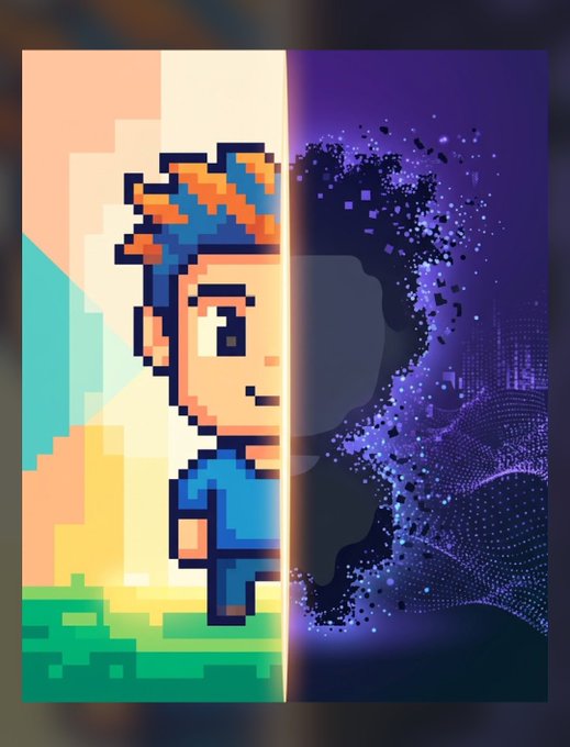 A split-screen image contrasting a colorful pixel art character on the left with a dissolving digital particle effect on a dark purple background on the right.