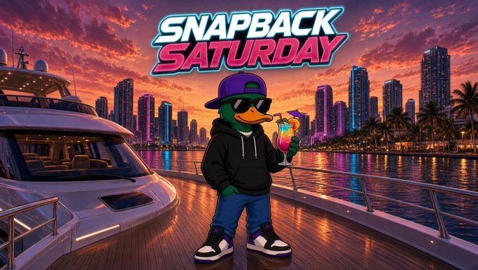 A cartoon duck wearing a purple snapback hat, sunglasses, and a black hoodie holds a tropical drink on a yacht deck, with 'SNAPBACK SATURDAY' displayed above a city skyline at sunset.