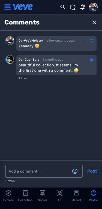 Screenshot of the Veve app Comments section showing user comments from 'DerVeVeMeister' saying 'Yaaaayy' and 'DonJuanSolo' commenting on a 'beautiful collection'.