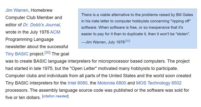 A Wikipedia excerpt about Jim Warren's Tiny BASIC project, featuring a quote about software being free to prevent 'ripping off,' published in July 1976.