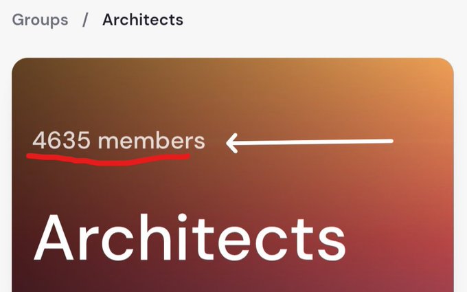A screenshot of the Architects group page showing "4635 members" (highlighted with a red underline and white arrow), illustrating the post's claim that the ARC Architects community is currently very small and represents an "underfarmed airdrop opportunity."