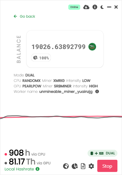 A crypto mining application dashboard showing a balance of 19026.63892799 with DUAL mode, using RandomX (XMRig) and PearlPOW (SRBMiner) miners under the worker name 'unmineable_miner_yudinzjg', with stats showing 908h via CPU and 81.17 Th via GPU.