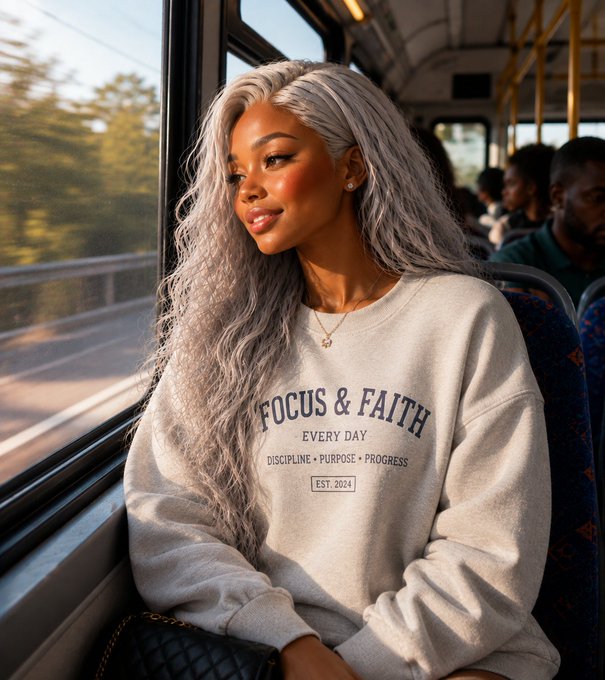 A woman with long silver-gray hair sits on a bus wearing a beige sweatshirt that reads 'FOCUS & FAITH EVERY DAY DISCIPLINE • PURPOSE • PROGRESS EST. 2024'.