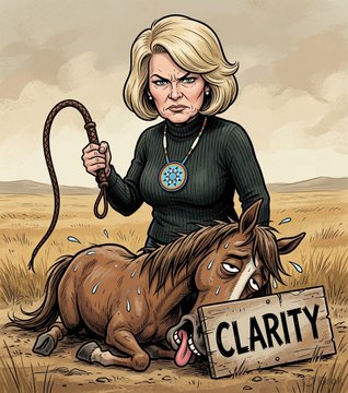 A political cartoon depicting a blonde woman in a green sweater wielding a whip over a distressed horse lying on the ground next to a wooden sign reading "CLARITY".