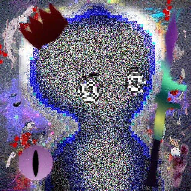 A pixelated, glitchy digital figure with purple tones and pixelated eyes stands against a chaotic background filled with static noise, a dark crown, and various emoji-like stickers.