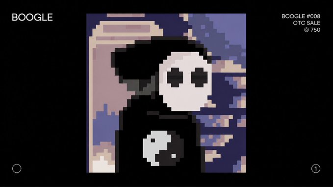 A pixel art depiction of a hooded grim reaper figure holding a scythe, displayed as "BOOGLE #008" against a dark background with "BOOGLE" branding on the left and "OTC SALE © 750" text in the top right corner, marking the NFT acquisition of @_Slyze_.