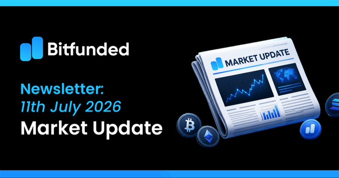 A promotional banner for Bitfunded's newsletter dated "11th July 2026" featuring the headline "Market Update," styled with a newspaper graphic and cryptocurrency logos (Bitcoin and Ethereum) to illustrate the accompanying post about Bitcoin reclaiming $64K and broader market resilience despite geopolitical tensions.