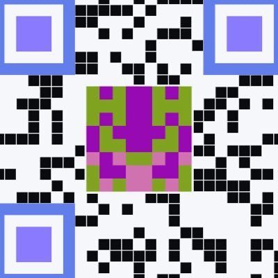A black and white QR code with purple and blue corner squares and a purple and green pixelated graphic in the center.