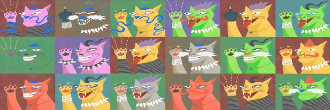 A grid of colorful cartoon illustrations featuring various stylized cat or fox-like creatures, many wearing crowns, with one small text reading 'SOP' visible.