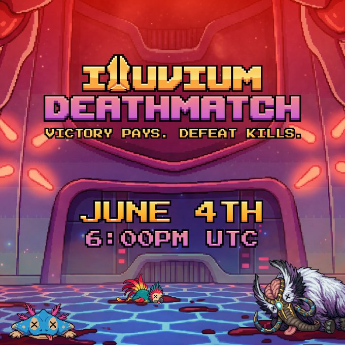 The image features a poster advertising an upcoming video game called "Illuvium Deathmatch". The poster displays the title of the game, along with details about its gameplay and prizes. It also includes a list of the top 10 challenges that players can expect in the game. The poster is set against a backdrop of a cartoon-like scene, which adds to the overall visual appeal of the advertisement.