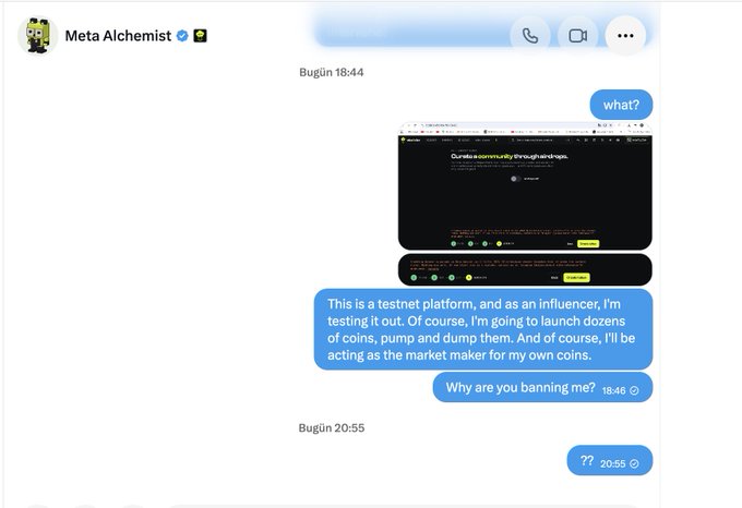 A Telegram chat screenshot with 'Meta Alchemist' showing messages discussing a 'testnet platform,' launching coins, and pump and dump schemes, ending with 'Why are you banning me?'
