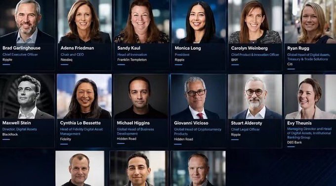A Ripple Swell speaker lineup features executives Brad Garlinghouse, Adena Friedman, Sandy Kaul, Monica Long, Carolyn Weinberg, Ryan Rugg, Maxwell Stein, Cynthia Lo Bessette, Michael Higgins, Giovanni Vicioso, Stuart Alderoty, Evy Theunis, and others. Titles reference major financial firms including Ripple, Nasdaq, Franklin Templeton, BNY, Citi, BlackRock, Fidelity, Hidden Road, and DBS Bank, reinforcing the post’s claim that XRP is drawing prominent finance industry leaders.