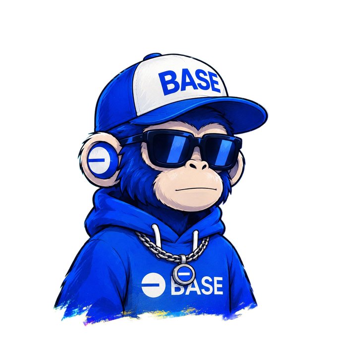 A stylized blue cartoon monkey mascot wearing a "BASE" cap, sunglasses, and hoodie with a "BASE" logo, promoting a Base blockchain whitelist giveaway that requires participants to drop their EVM wallet and fill out a form.