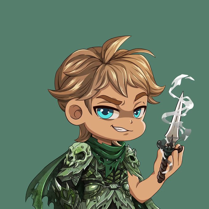 The image features a cartoon boy with blonde hair wearing a green outfit that includes a cape and a skull scarf. He holds a sword in his hand, which has smoke coming out of it. The background of the image is a dark green color. There are no other objects or people visible in the image.