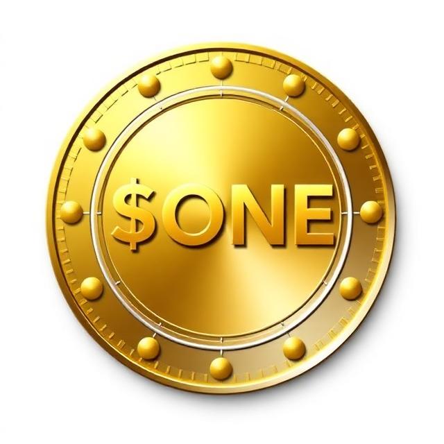 The image features a gold-colored coin with the word "ONE" written on it, which could potentially become a key player in the future of global finance. The coin's design includes a circle with a gold border and small white balls inside, giving it an antique appearance. The post about this coin suggests that it might be worth investing in or has some significance due to its potential impact on the financial world.
