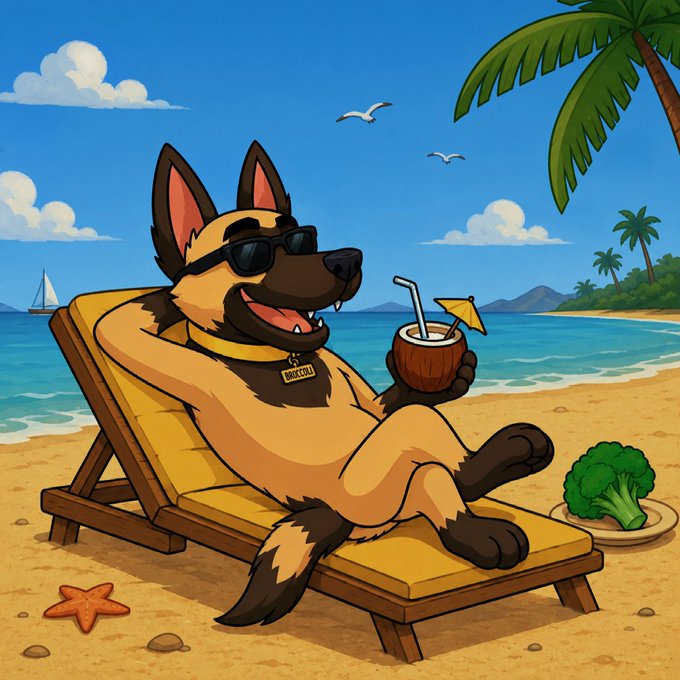 A cartoon German Shepherd wearing sunglasses relaxes on a beach lounge chair with a coconut drink, with a tag reading 'BROCCOLI' on its collar.