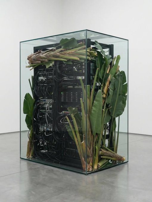 An art installation featuring a glass case containing a server rack with tangled black cables surrounded and intertwined with large tropical leaves and plant stems.