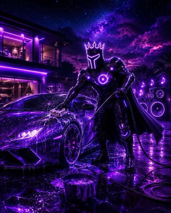 A glowing knight donning a radiant crown and armor washes a sleek sports car under a starry purple sky, surrounded by neon-lit mansion and speakers. The image amplifies the post's "Good Night Legends" theme, blending regal imagery with the nocturnal, restful tone of winding down after a long day.