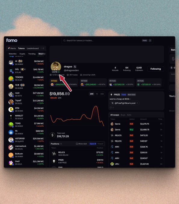 The Fomo trading platform displays the profile of user "dragos" (@dragoscn), who has a 2.78 Ethos social credit score, 4 mutuals, and a portfolio showing a $19,856.89 total value with notable holdings including $PEPE (+560.33%) and $WOJAK (+162.32%). The interface highlights Ethos's collaboration with Fomo by featuring credit scores alongside trader statistics, with the meme token market cap visibly surging as referenced in the post.