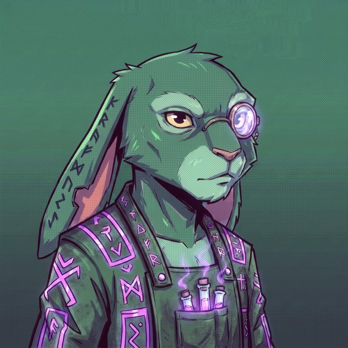 A digital illustration of a green anthropomorphic rabbit character wearing glasses and a green jacket adorned with purple runes, with glowing purple vials in its pocket.
